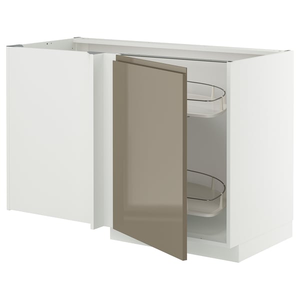 METOD Corner base cab w pull-out fitting, white/Voxtorp high-gloss dark grey-brown, 128x68 cm