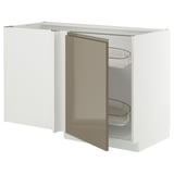 METOD Corner base cab w pull-out fitting, white/Voxtorp high-gloss dark grey-brown, 128x68 cm