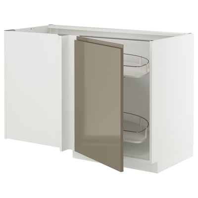 METOD Corner base cab w pull-out fitting, white/Voxtorp high-gloss dark grey-brown, 128x68 cm