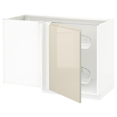 METOD Corner base cab w pull-out fitting, white/Voxtorp high-gloss light beige, 128x68 cm