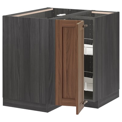 METOD Corner base cabinet with carousel, black Enköping/brown walnut effect, 88x88 cm
