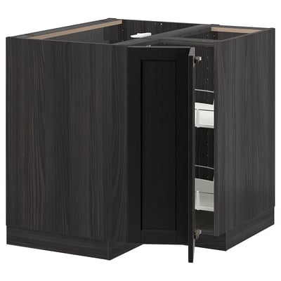 METOD Corner base cabinet with carousel, black/Lerhyttan black stained, 88x88 cm