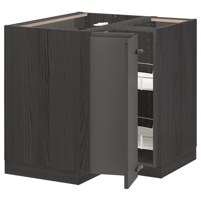 METOD Corner base cabinet with carousel, black/Voxtorp dark grey, 88x88 cm