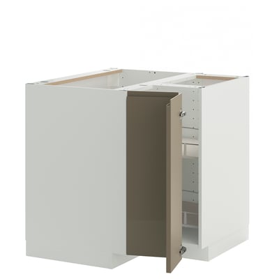 METOD Corner base cabinet with carousel, white/Voxtorp high-gloss dark grey-brown, 88x88 cm