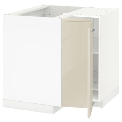 METOD Corner base cabinet with carousel, white/Voxtorp high-gloss light beige, 88x88 cm