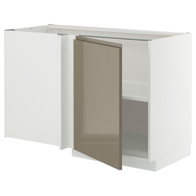 METOD Corner base cabinet with shelf, white/Voxtorp high-gloss dark grey-brown, 128x68 cm