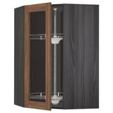 METOD Corner wall cab w carousel/glass dr, black Enköping/brown walnut effect, 68x100 cm