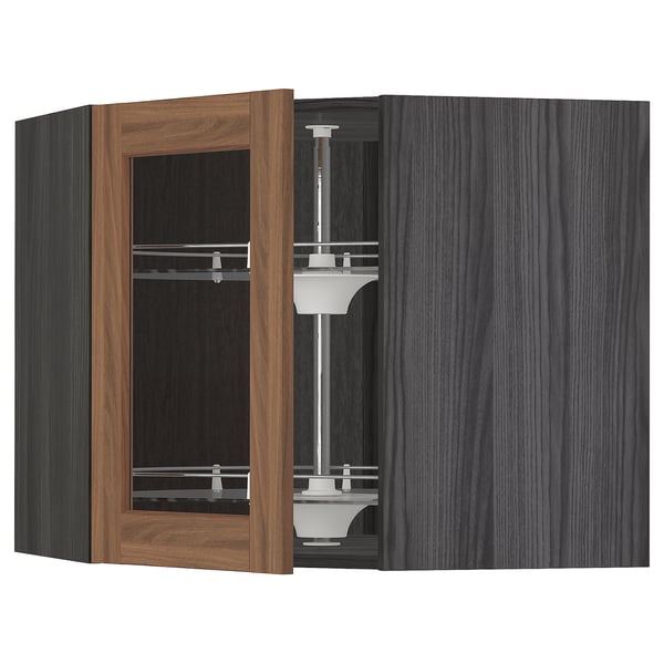 METOD Corner wall cab w carousel/glass dr, black Enköping/brown walnut effect, 68x60 cm