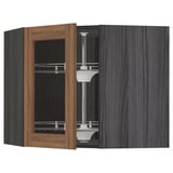 METOD Corner wall cab w carousel/glass dr, black Enköping/brown walnut effect, 68x60 cm