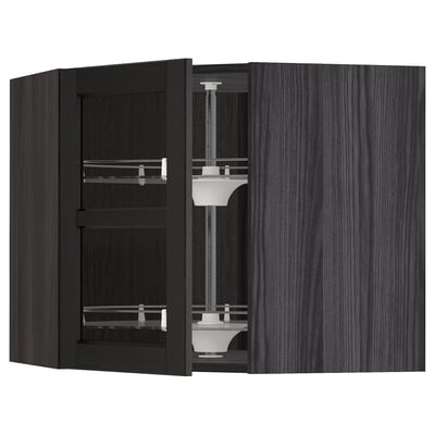METOD Corner wall cab w carousel/glass dr, black/Lerhyttan black stained, 68x60 cm