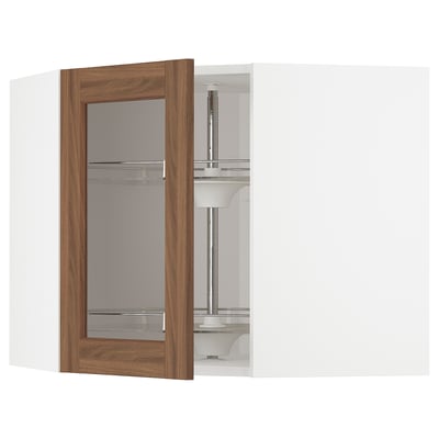 METOD Corner wall cab w carousel/glass dr, white Enköping/brown walnut effect, 68x60 cm