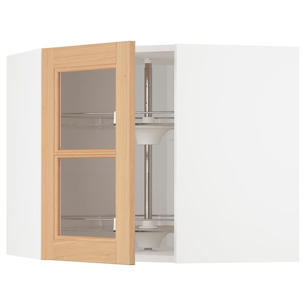 METOD Corner wall cab w carousel/glass dr, white/Vedhamn oak, 68x60 cm