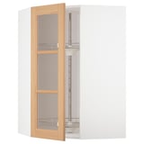 METOD Corner wall cab w carousel/glass dr, white/Vedhamn oak, 68x100 cm
