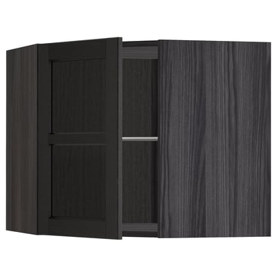 METOD Corner wall cab w shelves/glass dr, black/Lerhyttan black stained, 68x60 cm