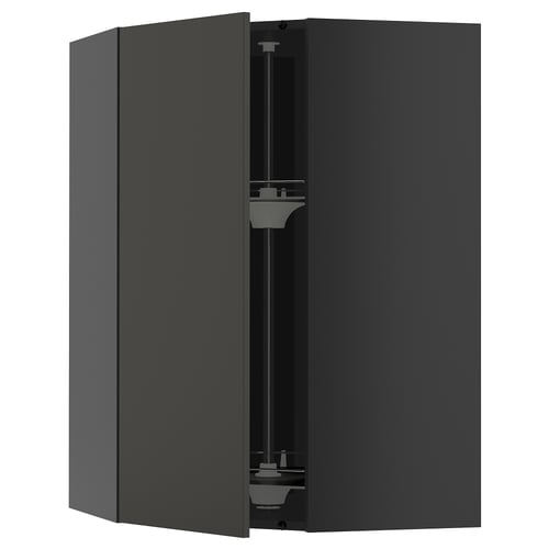 METOD kitchen unit, black, curved, modern, with glass shelf.
