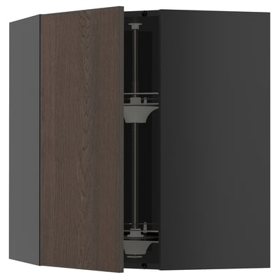 METOD Corner wall cabinet with carousel, black-grey/Sinarp brown, 68x80 cm