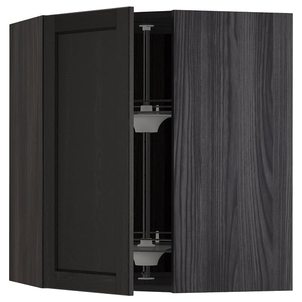 METOD Corner wall cabinet with carousel, black/Lerhyttan black stained, 68x80 cm