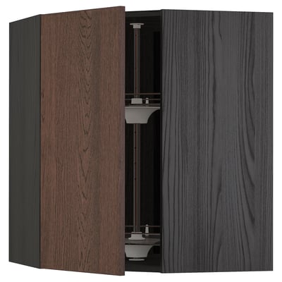 METOD Corner wall cabinet with carousel, black/Sinarp brown, 68x80 cm