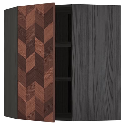 METOD Corner wall cabinet with shelves, black Hasslarp/brown patterned, 68x80 cm