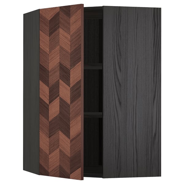 METOD Corner wall cabinet with shelves, black Hasslarp/brown patterned, 68x100 cm