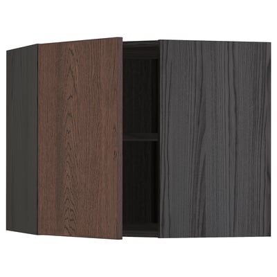 METOD Corner wall cabinet with shelves, black/Sinarp brown, 68x60 cm