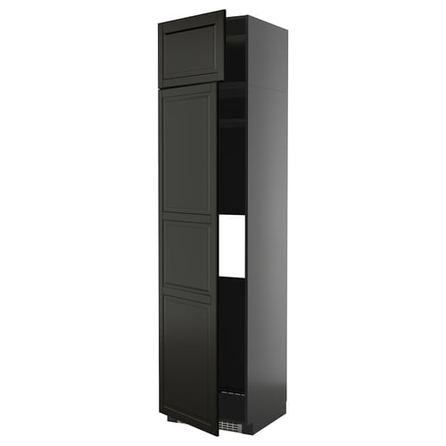Black METOD tall cabinet with bevelled doors, four shelves, sleek modern design.