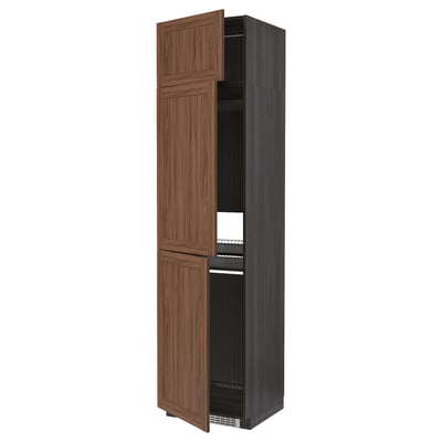 METOD High cab f fridge/freezer w 3 doors, black Enköping/brown walnut effect, 60x60x240 cm