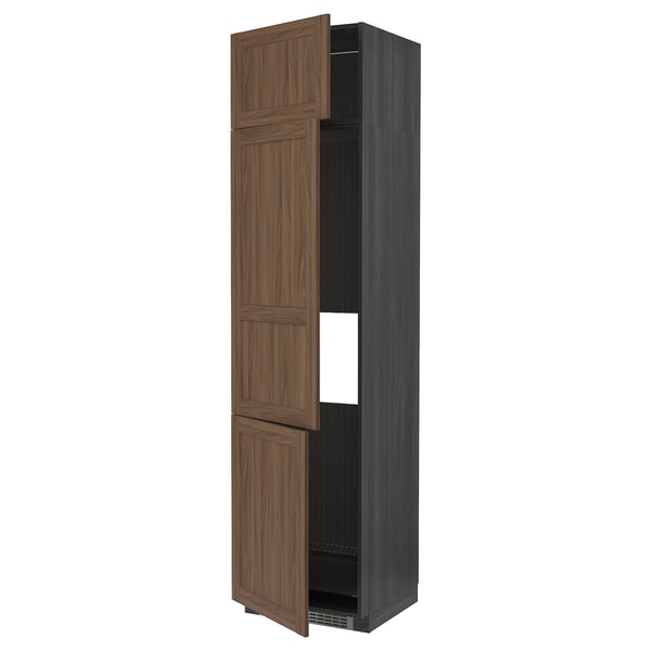 METOD High cab f fridge/freezer w 3 doors, black Enköping/brown walnut effect, 60x60x240 cm