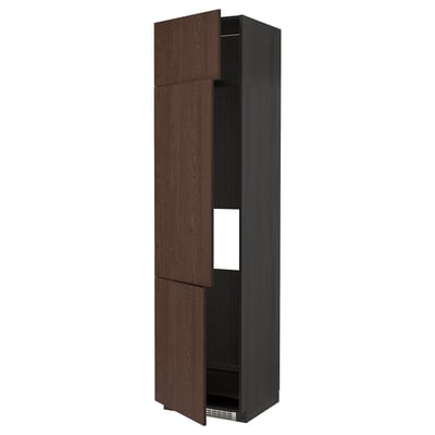 METOD High cab f fridge/freezer w 3 doors, black/Sinarp brown, 60x60x240 cm