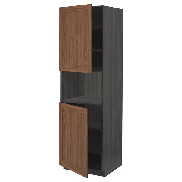 METOD High cab f micro w 2 doors/shelves, black Enköping/brown walnut effect, 60x60x200 cm