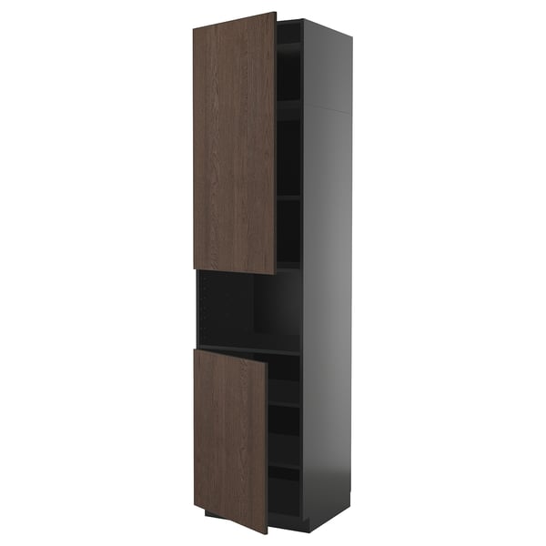 METOD High cab f micro w 2 doors/shelves, black-grey/Sinarp brown, 60x60x240 cm