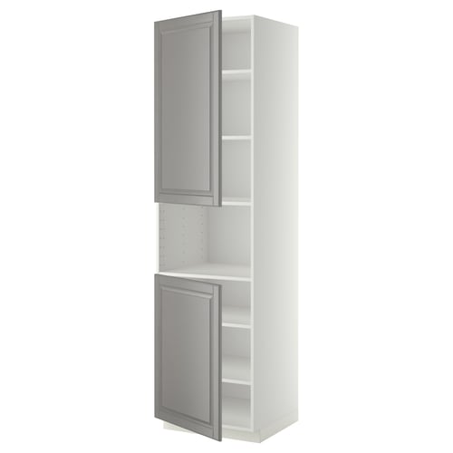 White & grey cabinet, two doors, adjustable shelves.
