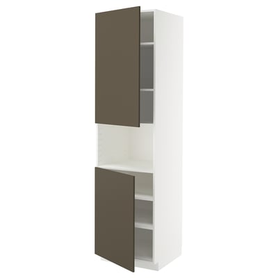 METOD High cab f micro w 2 doors/shelves, white/Havstorp brown-beige, 60x60x220 cm