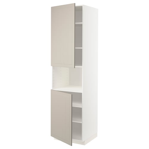 A METOD kitchen cabinet in beige. Its a tall, vertical unit with two open doors, viewing an adjustable shelf inside.