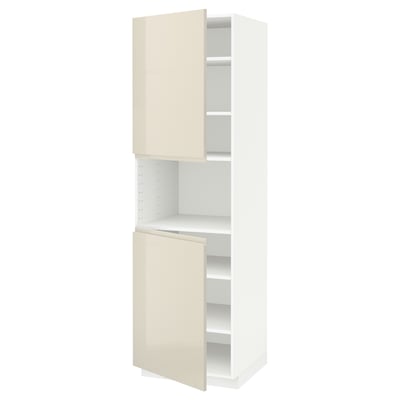 METOD High cab f micro w 2 doors/shelves, white/Voxtorp high-gloss light beige, 60x60x200 cm