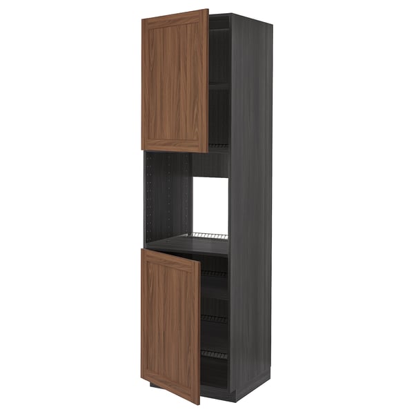METOD High cab f oven w 2 doors/shelves, black Enköping/brown walnut effect, 60x60x220 cm