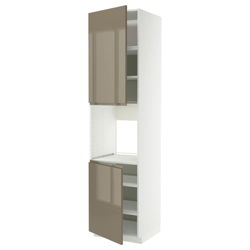 Depicts a beige high gloss ikea METOD kitchen cabinet with open doors, showcasing adjustable shelves inside.