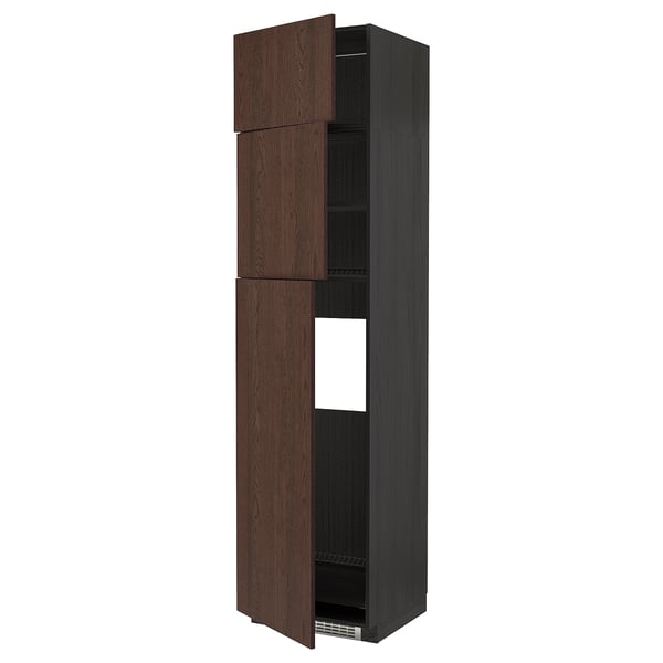 METOD High cab for fridge with 3 doors, black/Sinarp brown, 60x60x240 cm