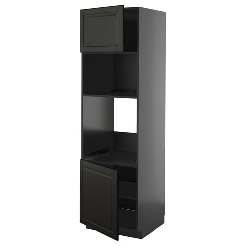Modern black kitchen unit with different compartments, sleek design.