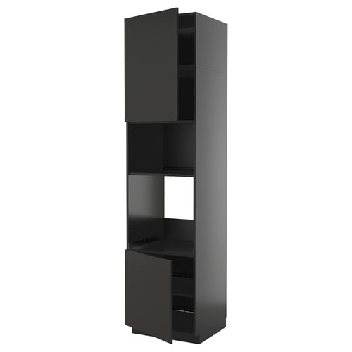 METOD tall black kitchen unit, sleek design, adjustable shelves, modern mix of materials.