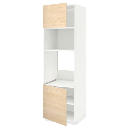 White METOD kitchen unit with light ash doors, tall and narrow, adjustable shelves.