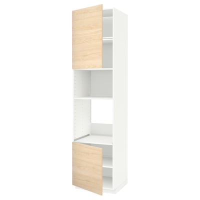 White cabinets with light wood doors, tall open shelf, modular design.
