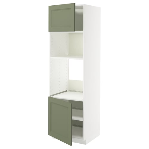 White METOD kitchen unit with green-gray doors open.