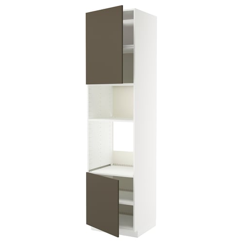 A tall, white METOD kitchen cabinet with dark brown doors, one open, revealing adjustable shelves.