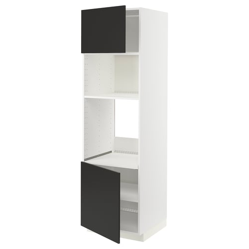 A white METOD kitchen cabinet with two black doors, one open, featuring shelves inside.