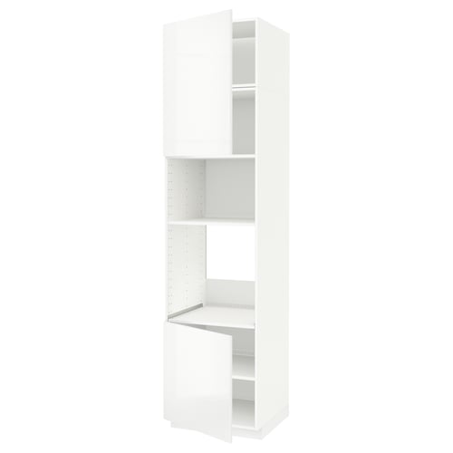 A white METOD tall kitchen cabinet with adjustable shelves. It a modern, high-gloss design with various compartments for storage.