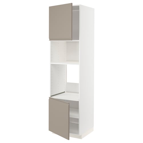 METOD kitchen unit, grey-beige, modern, tall with open doors, white interior shelves.