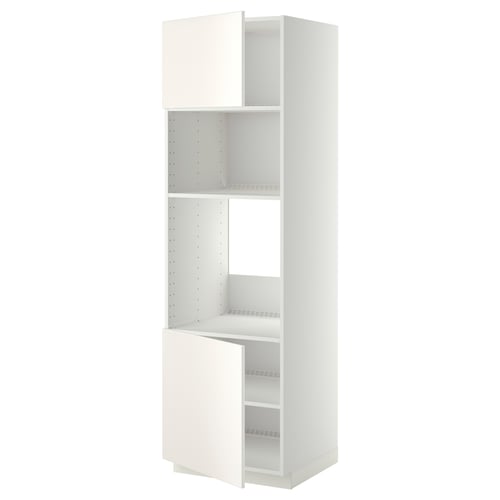 A white METOD kitchen cabinet with adjustable shelves and a hinged door. Modern design, thin frame, and two visible compartments.