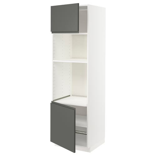 A white METOD kitchen unit with dark grey doors, featuring adjustable shelves and a sleek, modern design.