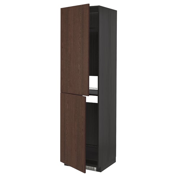 METOD High cabinet for fridge/freezer, black/Sinarp brown, 60x60x220 cm